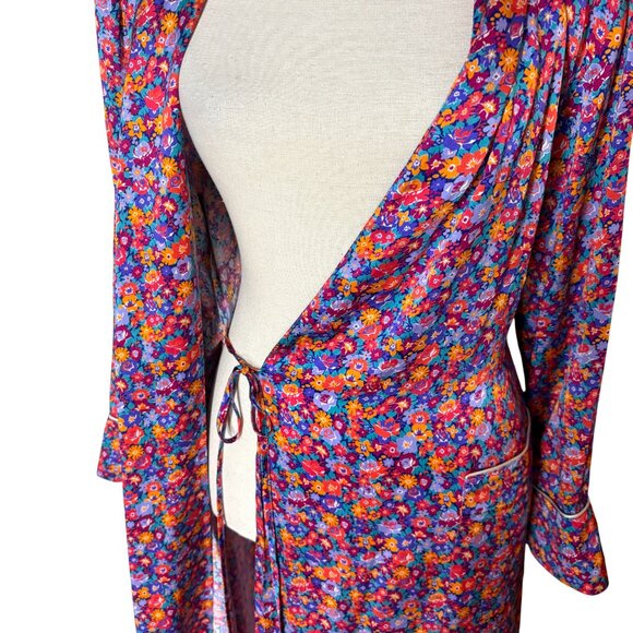 Liberty of London silk floral robe size M medium pink purple blue long pockets - Picture 4 of 10